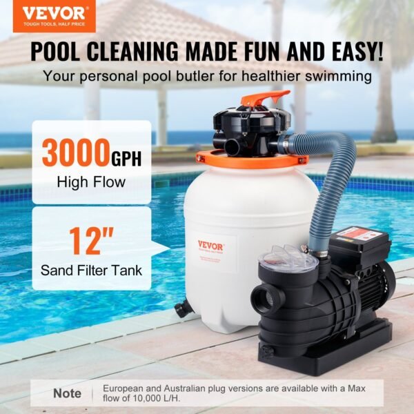 VEVOR Sand Filter Pump For Above Ground Pools, 12-inch, 3000 GPH,Swimming Pool Pumps System & Filters Combo Set With 6-Way Multi-Port Valve & Strainer Basket, For Domestic And Commercial Pools