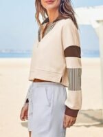 Fisoew Women's Long Sleeve Crop Tops Polo V Neck Color Block Casual Loose Pullover Cropped Sweatshirt - Image 3