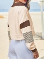 Fisoew Women's Long Sleeve Crop Tops Polo V Neck Color Block Casual Loose Pullover Cropped Sweatshirt - Image 5