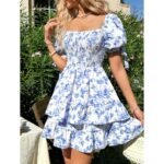 Women's Puff Sleeve Square Neck Smocked Dress Boho Floral Print Off Shoulder Ruffle Mini Short Dress - Image 4