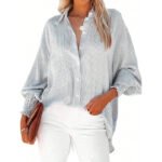 Women's Casual Striped Long Sleeve Shirt With Button-Down Collar & Knit Cuff Detail - Classic Spring&Fall Blouse - Image 3