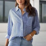 Women's Elegant Striped Long Sleeve Shirt - Pointed Lapel Collar With Chest Pocket, Button-Up Casual Blouse For Spring&Fall - Image 4