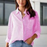 Women's Elegant Striped Long Sleeve Shirt - Pointed Lapel Collar With Chest Pocket, Button-Up Casual Blouse For Spring&Fall - Image 8
