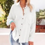 Women's Solid Color V-Neck Long Sleeve Blouse - Textured Button-Up Shirt, Casual & Minimalist Top For Spring&Fall