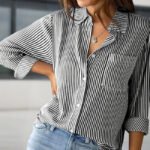 Women's Elegant Striped Long Sleeve Shirt - Pointed Lapel Collar With Chest Pocket, Button-Up Casual Blouse For Spring&Fall - Image 10