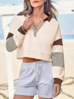 Fisoew Women's Long Sleeve Crop Tops Polo V Neck Color Block Casual Loose Pullover Cropped Sweatshirt - Image 2