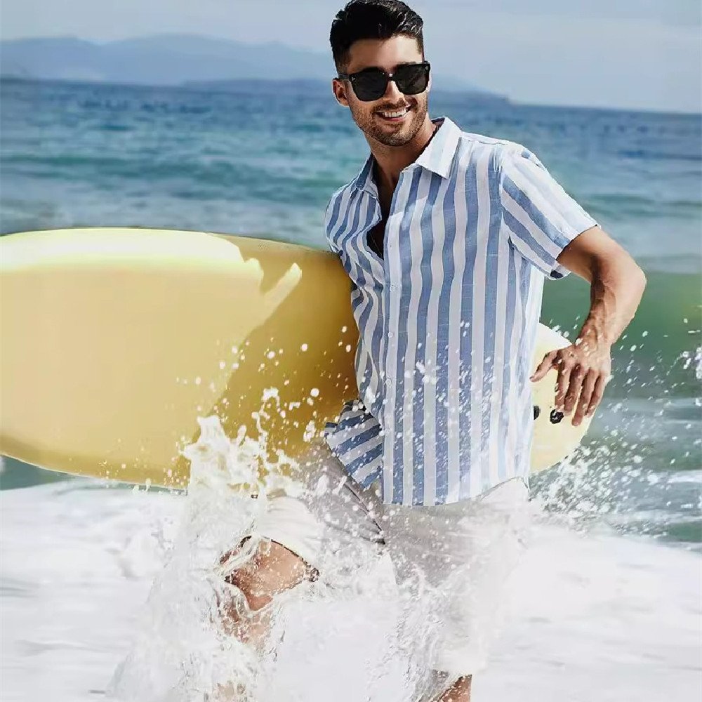 312fcfcf-3c07-4a64-894d-79707f88acdb.jpg Casual Fashion Short Sleeve Striped Dress Shirt Cotton Beach Shirt - Image 1
