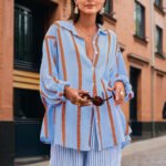 Women's Casual Striped Button-Down Shirt With Drop Sleeves Comfortable Loose-Fit Long Sleeve Top For Spring & Fall