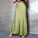 Women's Elegant Satin High Waist Flared Midi Skirt Cocktail Party Wedding Long Skirt - Image 2