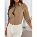 Womens Button Down Shirts V Neck Rolled Up Long Sleeve Tops Elegant Dressy Blouses Business Casual Outfits - Image 7