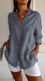Lapel Long Sleeve Shirt Women's Single-breasted Pleated Shirt - Image 9
