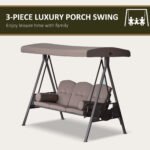 Patio Swing Bench 3-Person Steel Canopy Cushioned With Side Trays Comfortable Brown - Image 3