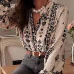 Women's Elegant Printed Blouse - Flowy Boho Shirt With Lantern Sleeves & Lace Trim, Vintage Ethnic Style Loose Top For Spring&Fall - Image 2