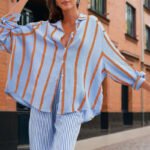 Women's Casual Striped Button-Down Shirt With Drop Sleeves Comfortable Loose-Fit Long Sleeve Top For Spring & Fall - Image 2
