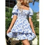 Women's Puff Sleeve Square Neck Smocked Dress Boho Floral Print Off Shoulder Ruffle Mini Short Dress - Image 3