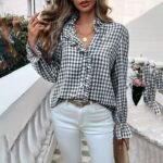 Women's French Style Checkered Button-Up Shirt - Elegant Plaid Pattern, Stand Collar With Ruffled Cuffs, Comfortable Wear - Image 3