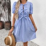 Women's Striped Tie Front Puff Sleeve Summer Casual Mini Dresses Loose Flowy Sundress - Image 5