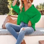 Women's Solid Color V-Neck Long Sleeve Blouse - Textured Button-Up Shirt, Casual & Minimalist Top For Spring&Fall - Image 7
