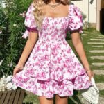 Women's Puff Sleeve Square Neck Smocked Dress Boho Floral Print Off Shoulder Ruffle Mini Short Dress - Image 7