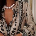 Women's Elegant Printed Blouse - Flowy Boho Shirt With Lantern Sleeves & Lace Trim, Vintage Ethnic Style Loose Top For Spring&Fall - Image 5