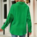 Women's Solid Color V-Neck Long Sleeve Blouse - Textured Button-Up Shirt, Casual & Minimalist Top For Spring&Fall - Image 10
