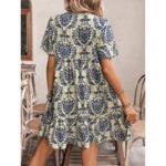 Women Casual Summer Dress Boho Drawstring V Neck Short Sleeve Floral Print Flowy Beach Dress - Image 3