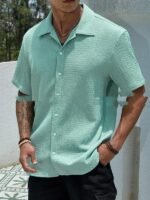 Men's Solid Color Short Sleeve Shirt Fashion Casual Button Lapel Tops Clothing - Image 3