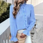 Women's French Style Checkered Button-Up Shirt - Elegant Plaid Pattern, Stand Collar With Ruffled Cuffs, Comfortable Wear - Image 8