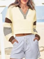 Fisoew Women's Long Sleeve Crop Tops Polo V Neck Color Block Casual Loose Pullover Cropped Sweatshirt - Image 9