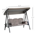 Patio Swing Bench 3-Person Steel Canopy Cushioned With Side Trays Comfortable Brown - Image 2
