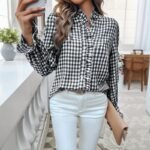 Women's French Style Checkered Button-Up Shirt - Elegant Plaid Pattern, Stand Collar With Ruffled Cuffs, Comfortable Wear - Image 2
