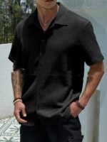 Men's Solid Color Short Sleeve Shirt Fashion Casual Button Lapel Tops Clothing - Image 4