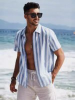 Casual Fashion Short Sleeve Striped Dress Shirt Cotton Beach Shirt - Image 8