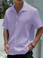 Men's Solid Color Short Sleeve Shirt Fashion Casual Button Lapel Tops Clothing - Image 6