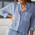 Women's Elegant Striped Long Sleeve Shirt - Pointed Lapel Collar With Chest Pocket, Button-Up Casual Blouse For Spring&Fall