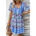 Women Casual Summer Dress Boho Drawstring V Neck Short Sleeve Floral Print Flowy Beach Dress - Image 7