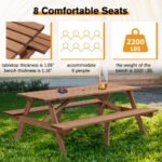 8 Person Brown Wooden Picnic Table, Outdoor Camping Dining Table With 2 Seats, Garden, DIY With 2 Built-in Benches, 2220lb Capacity - Image 6