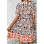 Women Casual Summer Dress Boho Drawstring V Neck Short Sleeve Floral Print Flowy Beach Dress - Image 5
