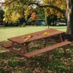 8 Person Brown Wooden Picnic Table, Outdoor Camping Dining Table With 2 Seats, Garden, DIY With 2 Built-in Benches, 2220lb Capacity