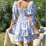 Women's Puff Sleeve Square Neck Smocked Dress Boho Floral Print Off Shoulder Ruffle Mini Short Dress - Image 6
