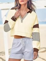 Fisoew Women's Long Sleeve Crop Tops Polo V Neck Color Block Casual Loose Pullover Cropped Sweatshirt - Image 8