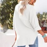 Women's Solid Color V-Neck Long Sleeve Blouse - Textured Button-Up Shirt, Casual & Minimalist Top For Spring&Fall - Image 5