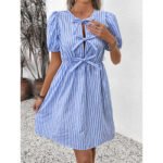 Women's Striped Tie Front Puff Sleeve Summer Casual Mini Dresses Loose Flowy Sundress - Image 2