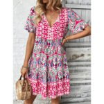 Women Casual Summer Dress Boho Drawstring V Neck Short Sleeve Floral Print Flowy Beach Dress - Image 10