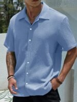 Men's Solid Color Short Sleeve Shirt Fashion Casual Button Lapel Tops Clothing - Image 5
