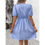 Women's Striped Tie Front Puff Sleeve Summer Casual Mini Dresses Loose Flowy Sundress - Image 6