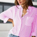 Women's Elegant Striped Long Sleeve Shirt - Pointed Lapel Collar With Chest Pocket, Button-Up Casual Blouse For Spring&Fall - Image 6